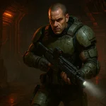 Karl Urban dalam adegan first-person ikonik di film Doom (2005).