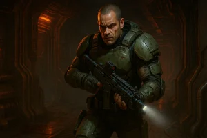 Karl Urban dalam adegan first-person ikonik di film Doom (2005).