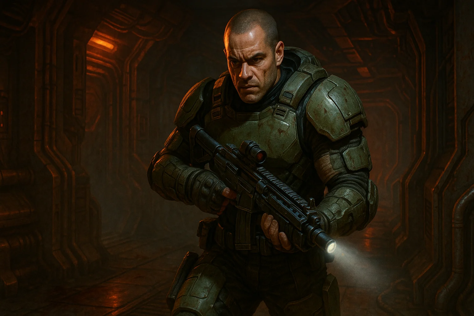 Karl Urban dalam adegan first-person ikonik di film Doom (2005).