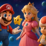 Poster teaser film The Super Mario Galaxy Movie: Mario bersantai di ladang, kupu-kupu terbang yang membuka pintu ke luar angkasa.