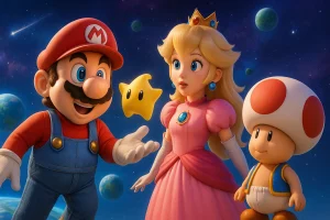 Poster teaser film The Super Mario Galaxy Movie: Mario bersantai di ladang, kupu-kupu terbang yang membuka pintu ke luar angkasa.