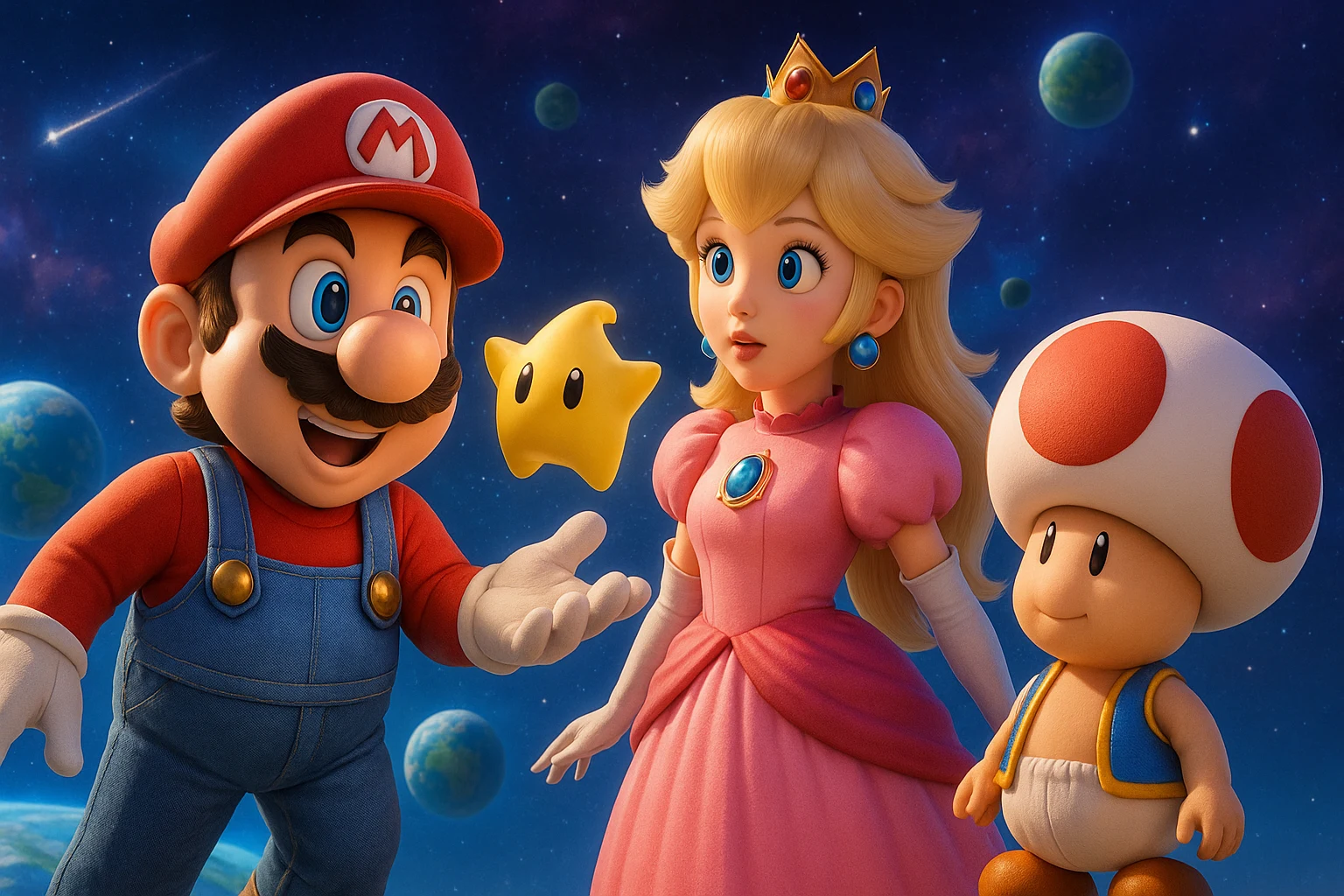 Poster teaser film The Super Mario Galaxy Movie: Mario bersantai di ladang, kupu-kupu terbang yang membuka pintu ke luar angkasa.